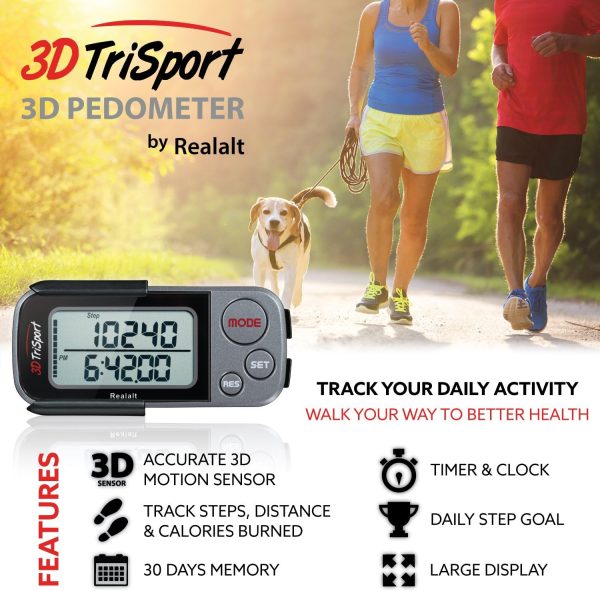 3DTriSport Walking 3D Pedometer with Clip and Strap, Free eBook | 30 Days Memory, Accurate Step Counter, Walking Distance Miles/Km, Calorie Counter - Image 2