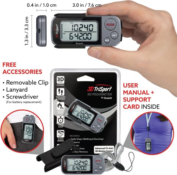 3DTriSport Walking 3D Pedometer with Clip and Strap, Free eBook | 30 Days Memory, Accurate Step Counter, Walking Distance Miles/Km, Calorie Counter - Image 4