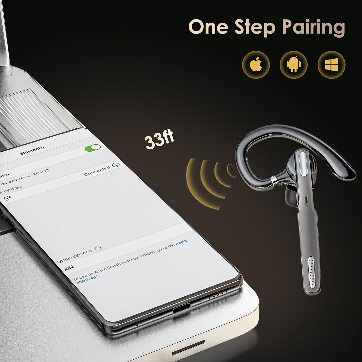 Bluetooth Headset, Wireless Bluetooth Earpiece V5.0 Hands-Free Earphones with Built-in Mic for Driving/Business/Office, Compatible with iPhone and Android (Gray) - Image 3