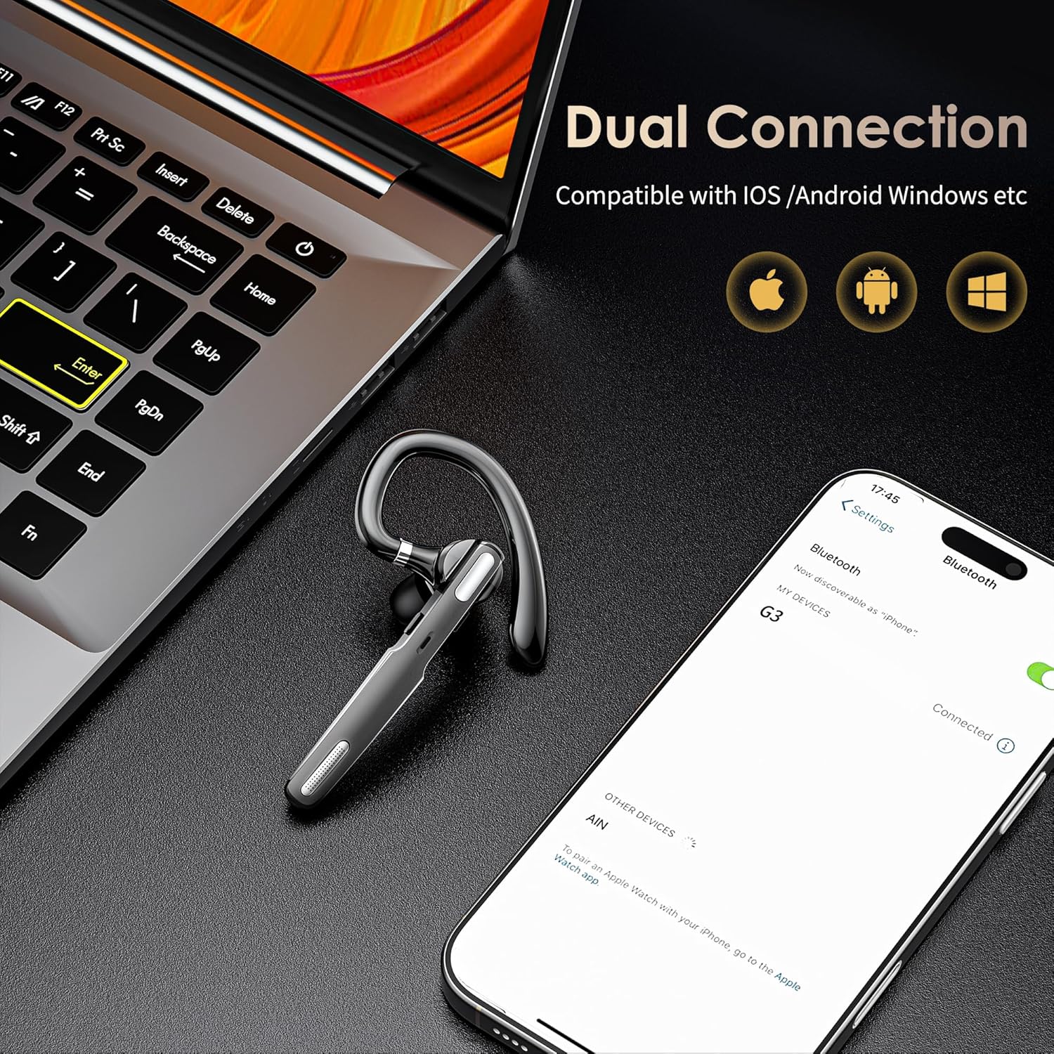 Bluetooth Headset, Wireless Bluetooth Earpiece V5.0 Hands-Free Earphones with Built-in Mic for Driving/Business/Office, Compatible with iPhone and Android (Gray) - Image 4