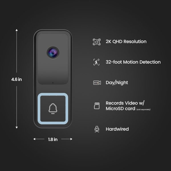 Feit Electric Smart Doorbell Camera, Wired 2K HD Video, Night Vision, Motion Detection, Two-Way Audio, Alexa/Google Assistant Compatible, App Control, Wireless Chime Included, CAM/Door/WiFi/G2 - Image 2