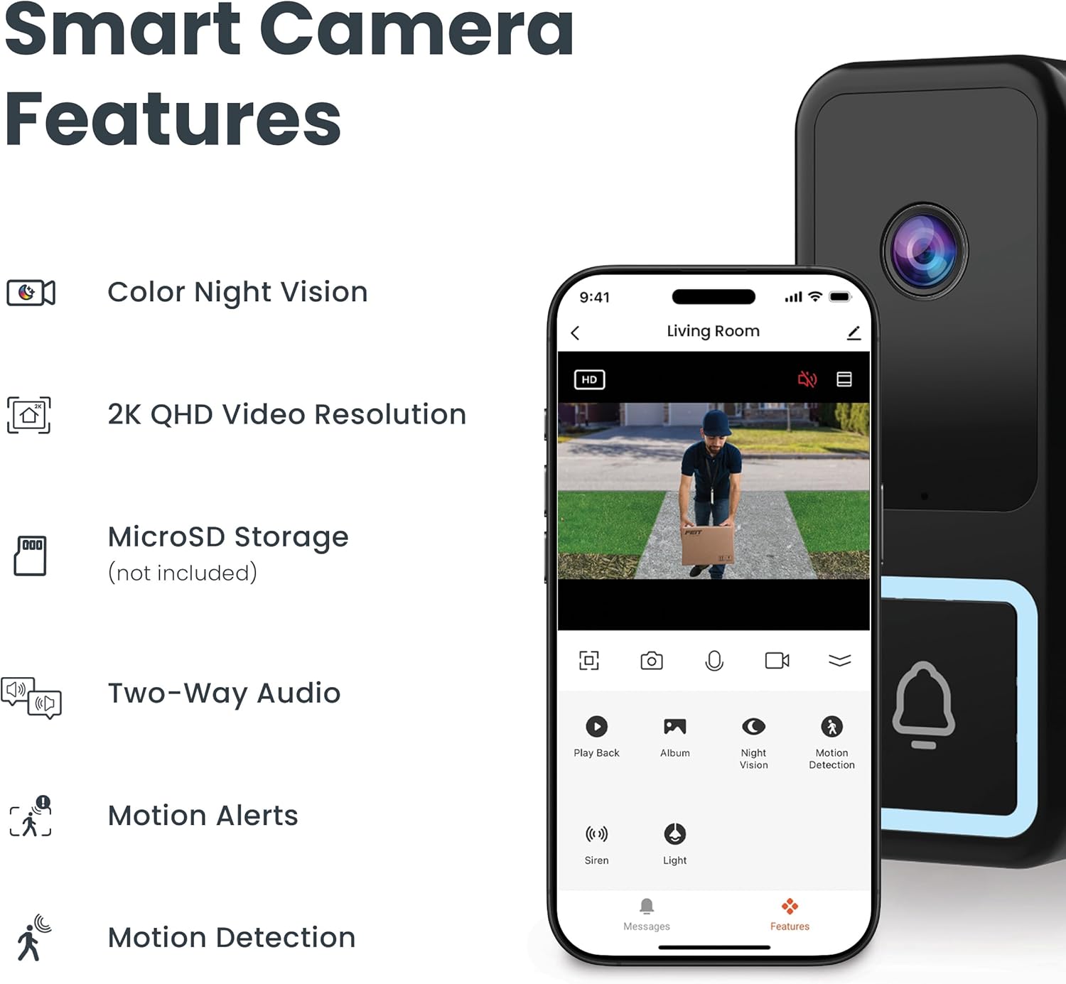 Feit Electric Smart Doorbell Camera, Wired 2K HD Video, Night Vision, Motion Detection, Two-Way Audio, Alexa/Google Assistant Compatible, App Control, Wireless Chime Included, CAM/Door/WiFi/G2 - Image 7